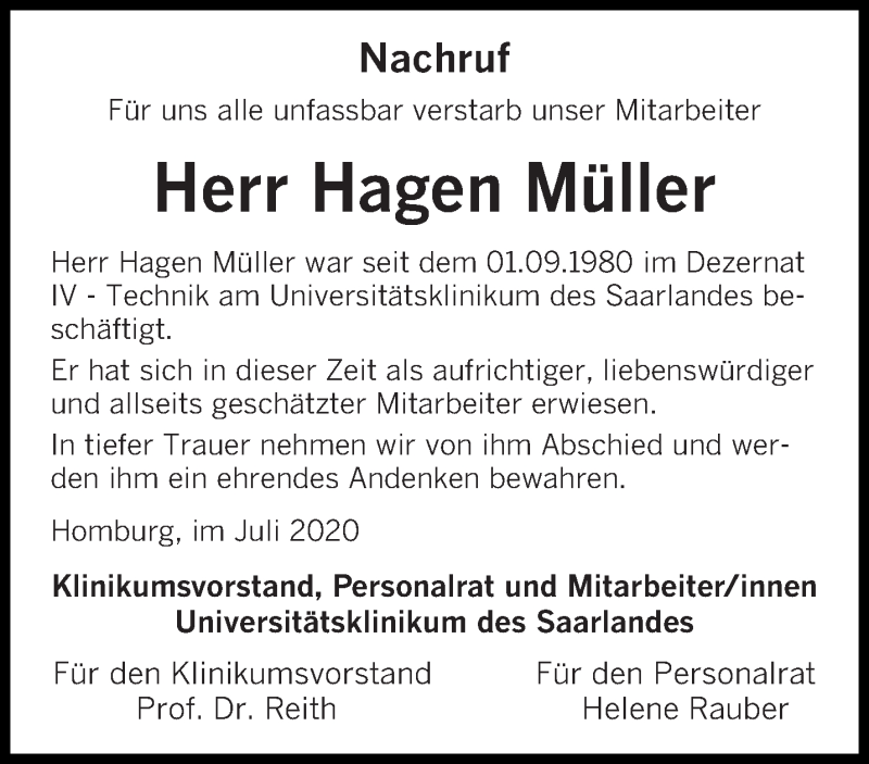  Traueranzeige für Hagen Müller vom 25.07.2020 aus saarbruecker_zeitung