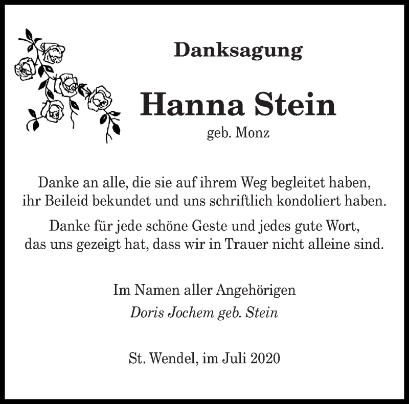  Traueranzeige für Hanna Stein vom 04.07.2020 aus saarbruecker_zeitung