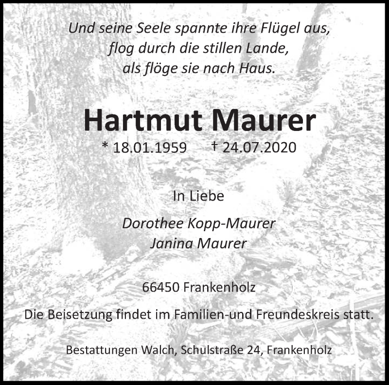 Traueranzeige für Hartmut Maurer vom 29.07.2020 aus saarbruecker_zeitung
