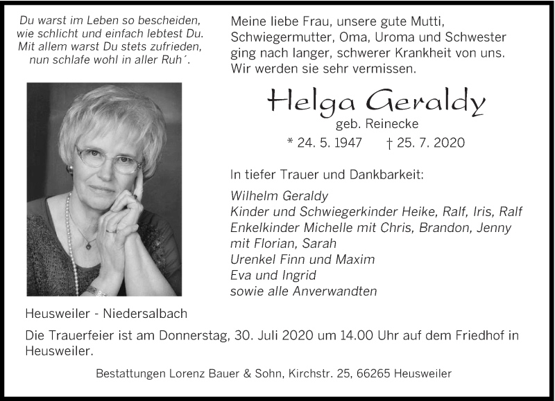  Traueranzeige für Helga Geraldy vom 28.07.2020 aus saarbruecker_zeitung
