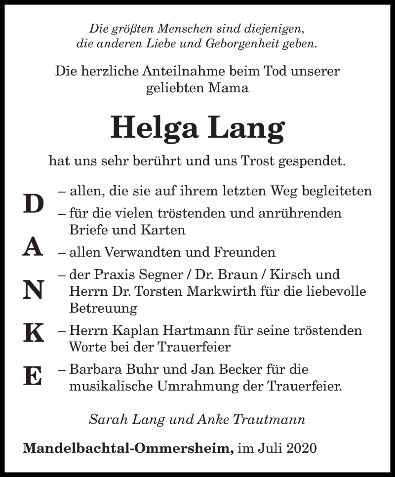  Traueranzeige für Helga Lang vom 25.07.2020 aus saarbruecker_zeitung