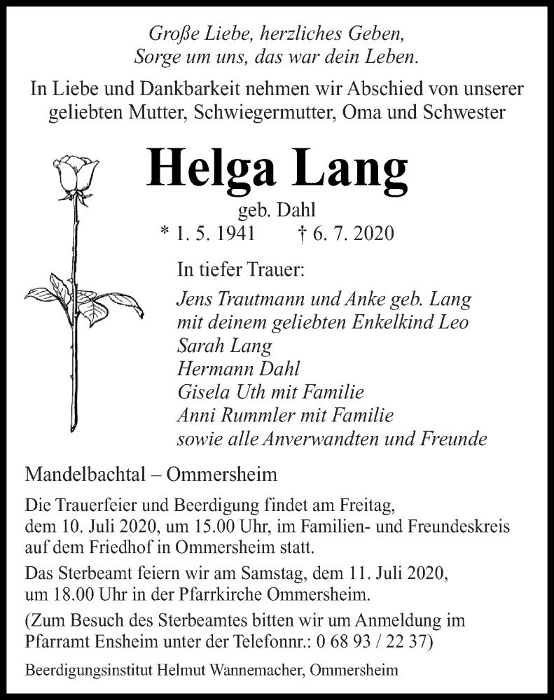  Traueranzeige für Helga Lang vom 08.07.2020 aus saarbruecker_zeitung