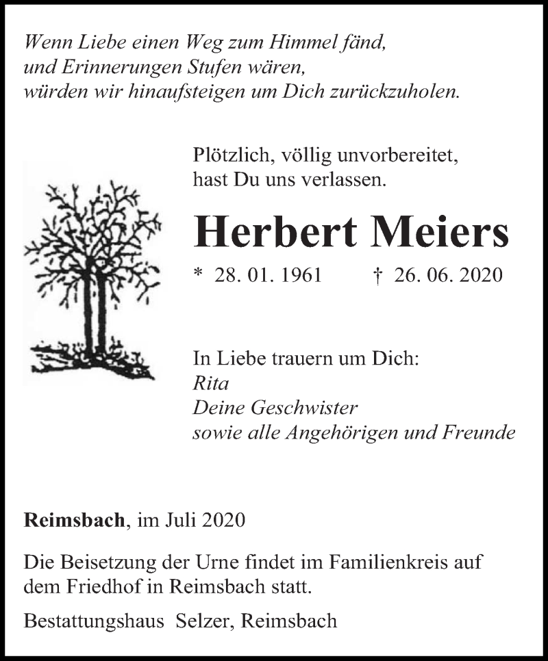  Traueranzeige für Herbert Meiers vom 03.07.2020 aus saarbruecker_zeitung