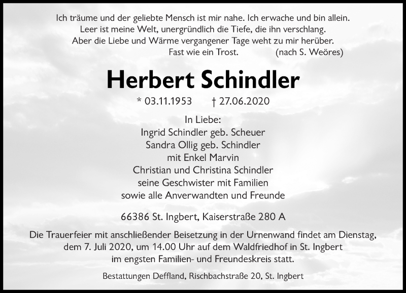 Traueranzeige für Herbert Schindler vom 03.07.2020 aus saarbruecker_zeitung