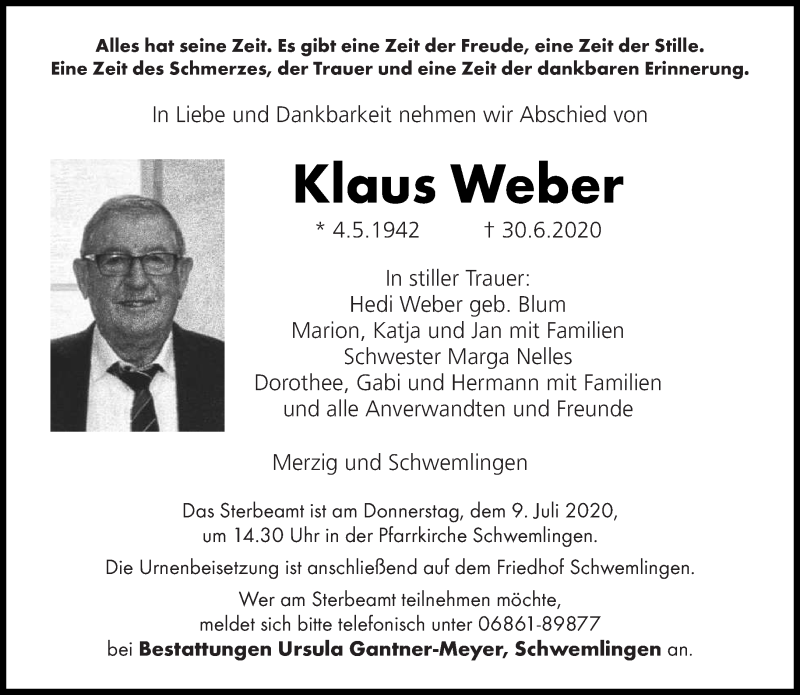  Traueranzeige für Klaus Weber vom 03.07.2020 aus saarbruecker_zeitung