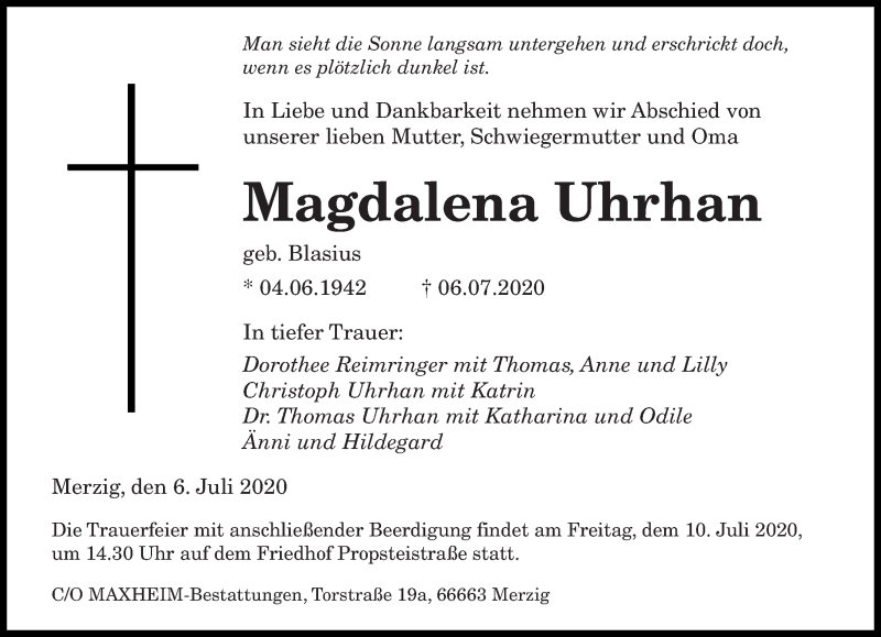  Traueranzeige für Magdalena Uhrhan vom 09.07.2020 aus saarbruecker_zeitung