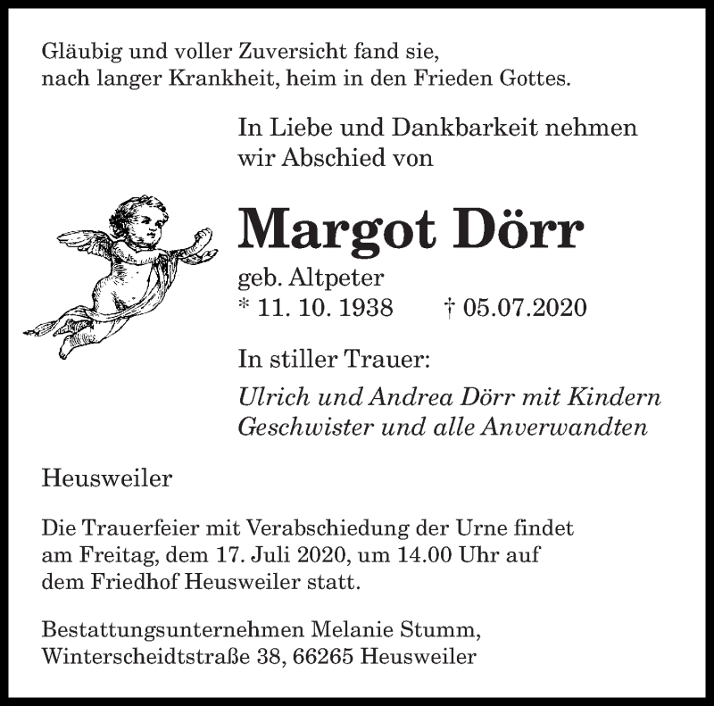  Traueranzeige für Margot Dörr vom 08.07.2020 aus saarbruecker_zeitung