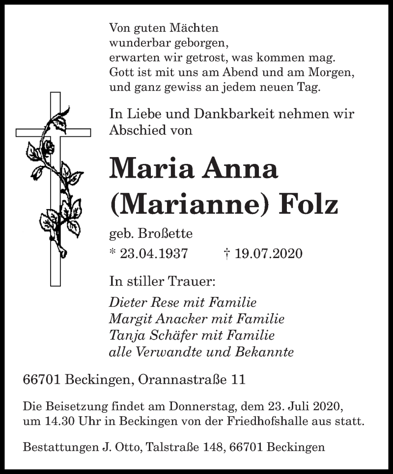  Traueranzeige für Maria Anna Folz vom 21.07.2020 aus saarbruecker_zeitung