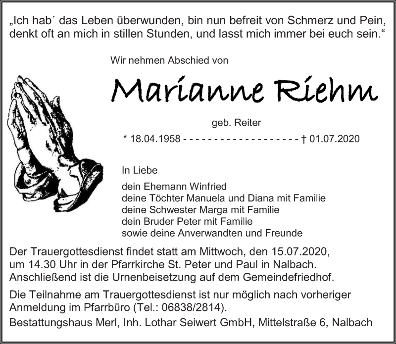  Traueranzeige für Marianne Riehm vom 11.07.2020 aus saarbruecker_zeitung