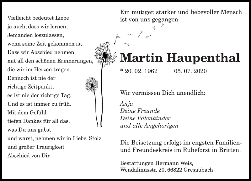  Traueranzeige für Martin Haupenthal vom 16.07.2020 aus saarbruecker_zeitung