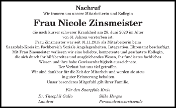 Traueranzeige von Nicole Zinsmeister von saarbruecker_zeitung