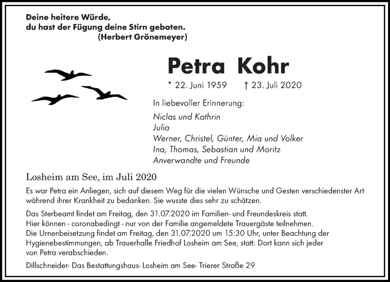  Traueranzeige für Petra Kohr vom 28.07.2020 aus saarbruecker_zeitung