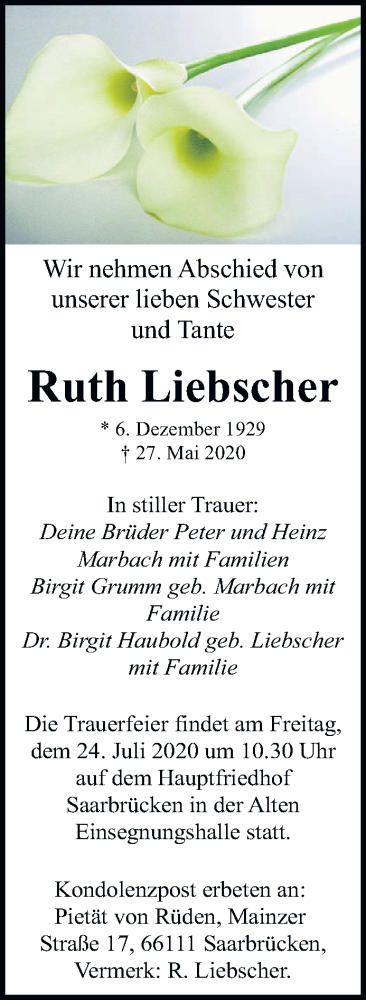  Traueranzeige für Ruth Liebscher vom 18.07.2020 aus saarbruecker_zeitung