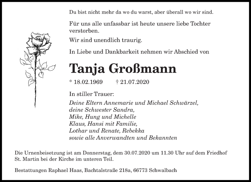  Traueranzeige für Tanja Großmann vom 25.07.2020 aus saarbruecker_zeitung