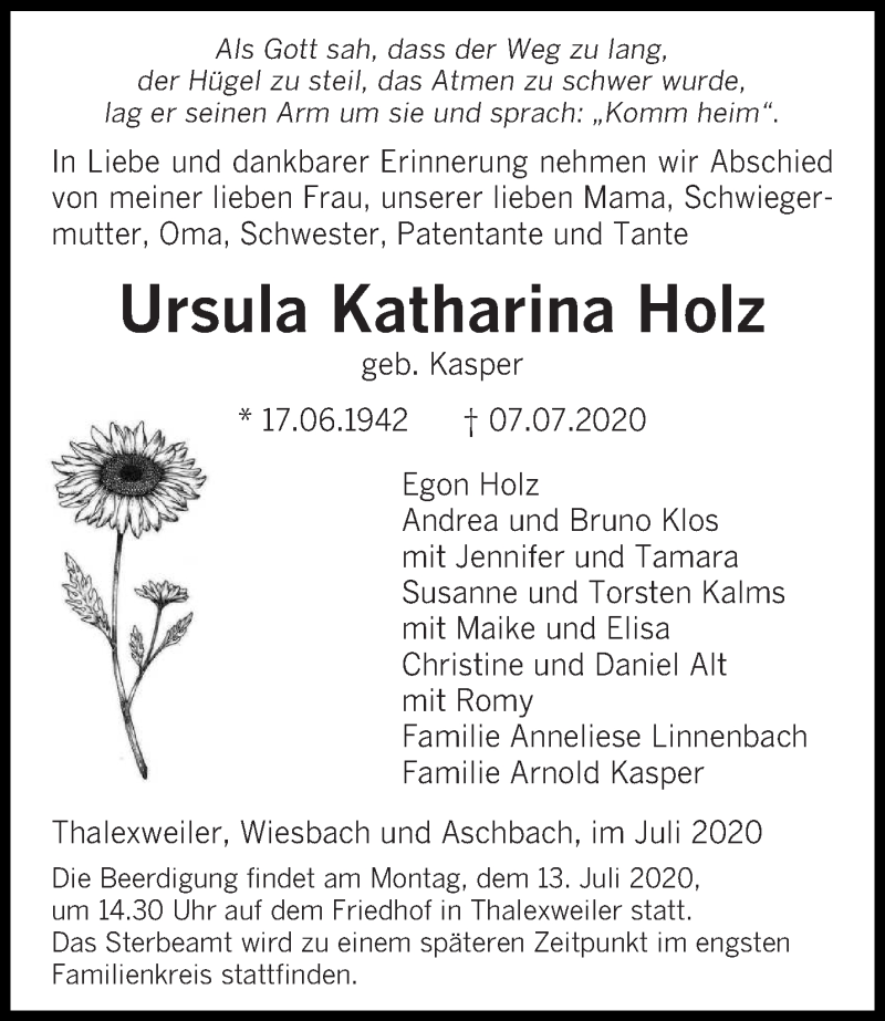  Traueranzeige für Ursula Katharina Holz vom 11.07.2020 aus saarbruecker_zeitung