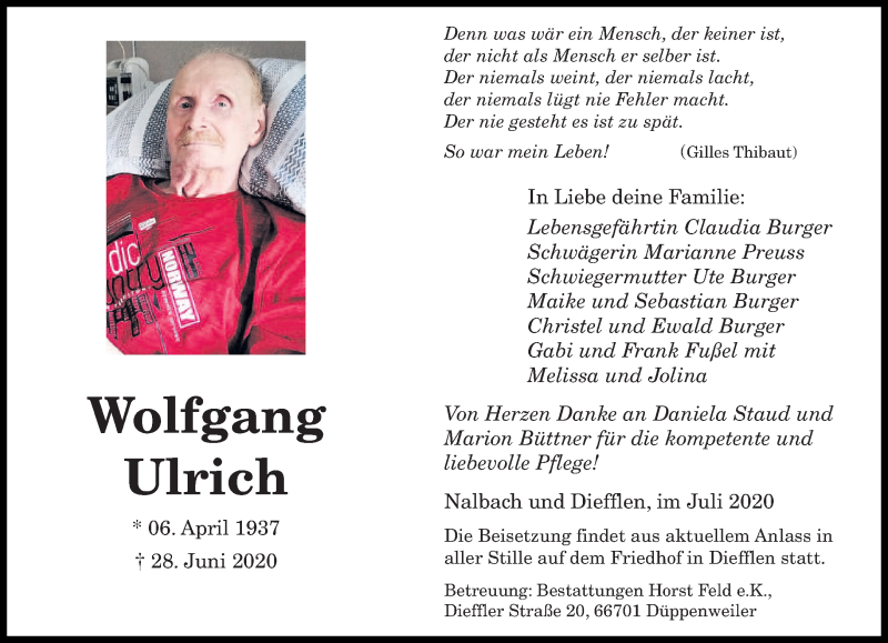  Traueranzeige für Wolfgang Ulrich vom 04.07.2020 aus saarbruecker_zeitung