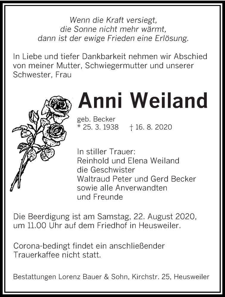 Traueranzeige für Anni Weiland vom 19.08.2020 aus saarbruecker_zeitung