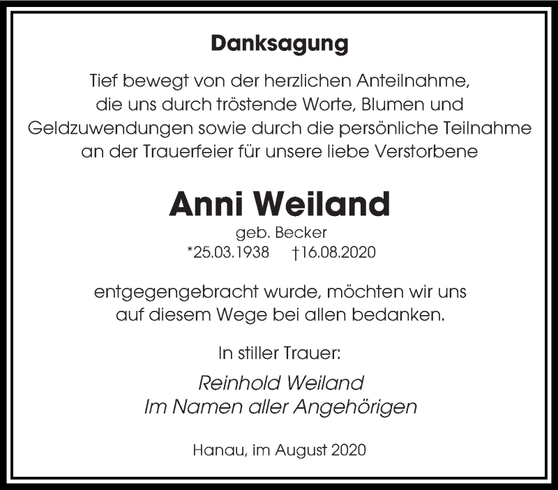  Traueranzeige für Anni Weiland vom 29.08.2020 aus saarbruecker_zeitung