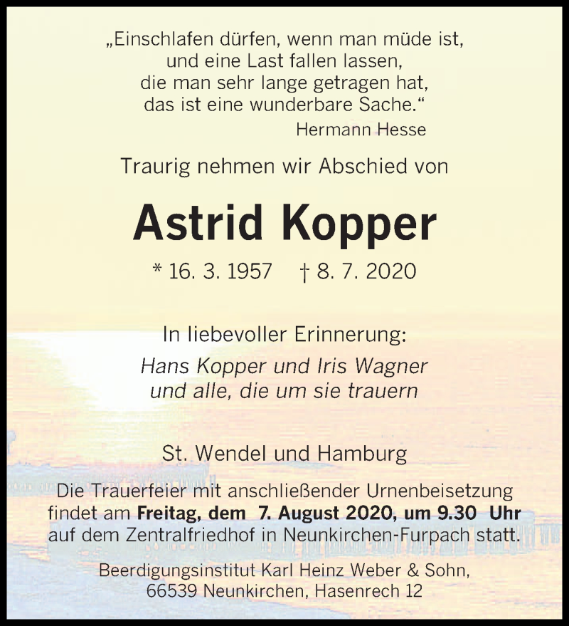  Traueranzeige für Astrid Kopper vom 01.08.2020 aus saarbruecker_zeitung
