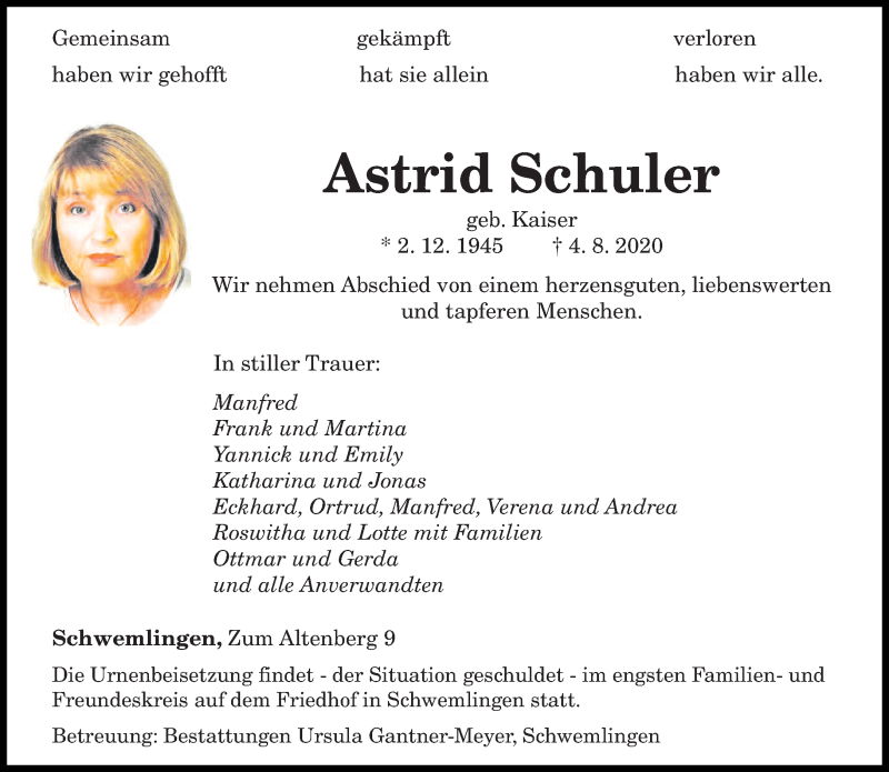  Traueranzeige für Astrid Schuler vom 07.08.2020 aus saarbruecker_zeitung
