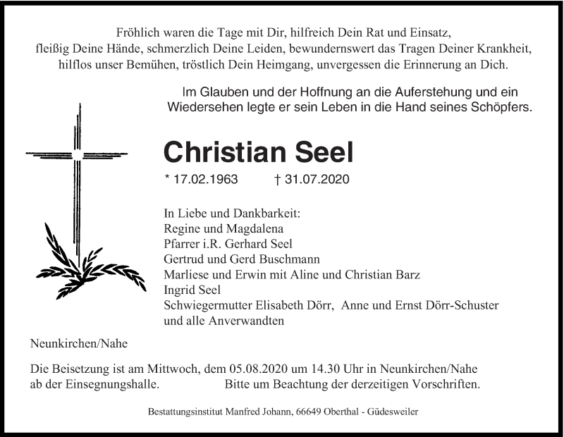  Traueranzeige für Christian Seel vom 03.08.2020 aus saarbruecker_zeitung