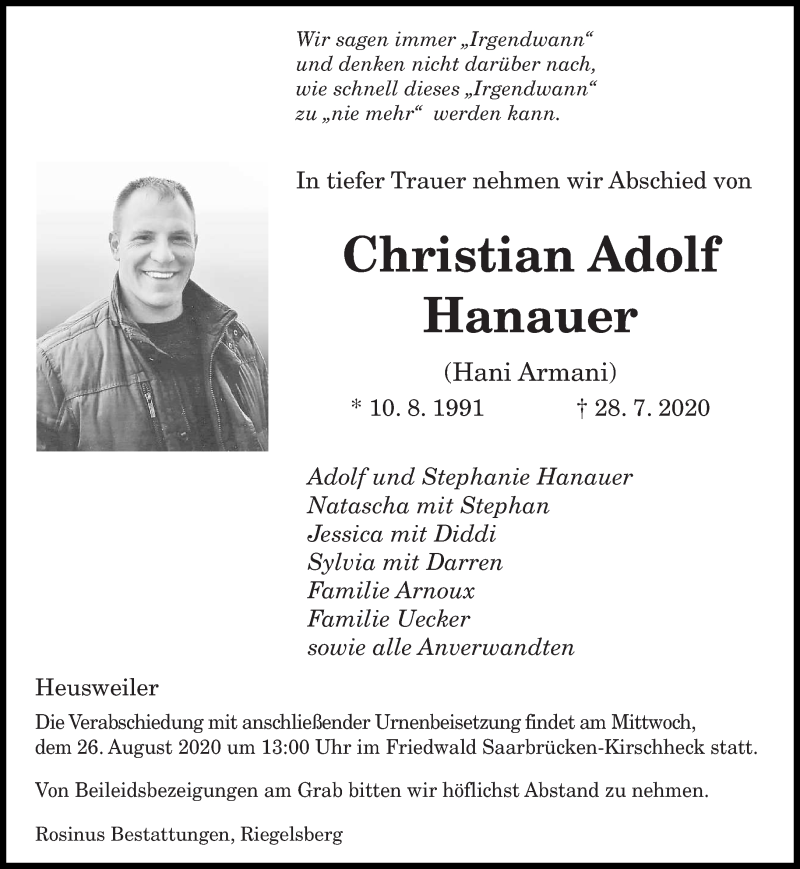 Traueranzeige für Christian Adolf Hanauer vom 22.08.2020 aus saarbruecker_zeitung