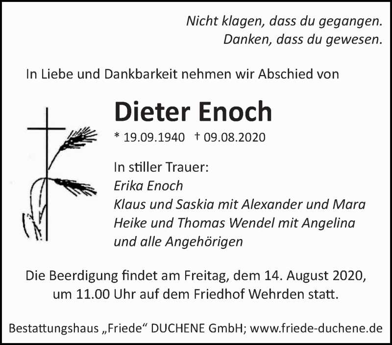  Traueranzeige für Dieter Enoch vom 12.08.2020 aus saarbruecker_zeitung
