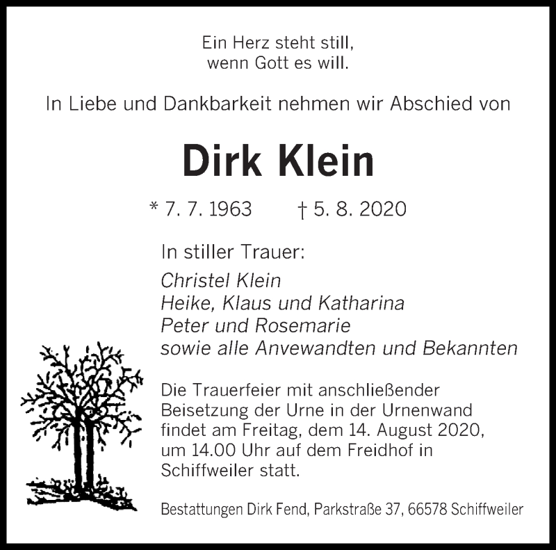  Traueranzeige für Dirk Klein vom 12.08.2020 aus saarbruecker_zeitung