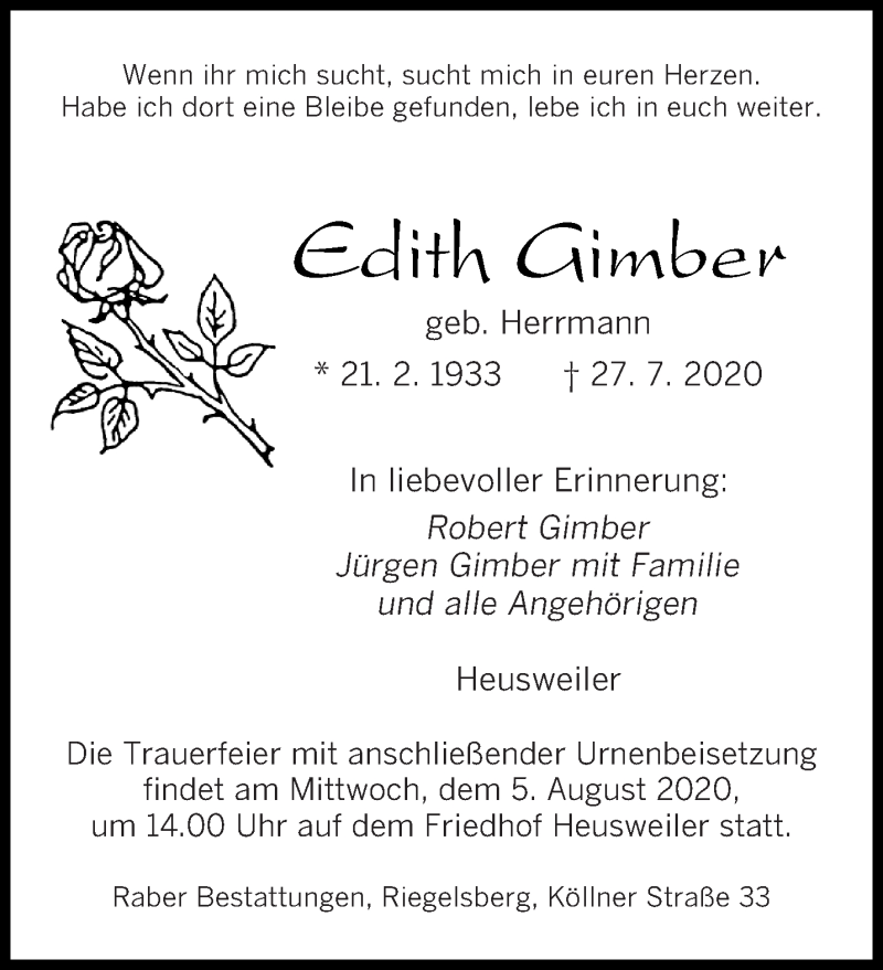  Traueranzeige für Edith Gimber vom 01.08.2020 aus saarbruecker_zeitung