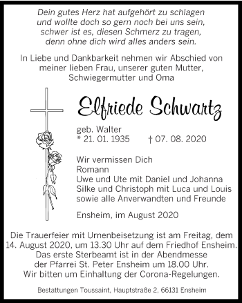 Traueranzeige von Elfriede Schwartz von saarbruecker_zeitung