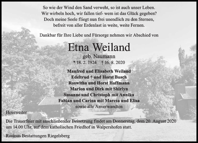  Traueranzeige für Etna Weiland vom 18.08.2020 aus saarbruecker_zeitung