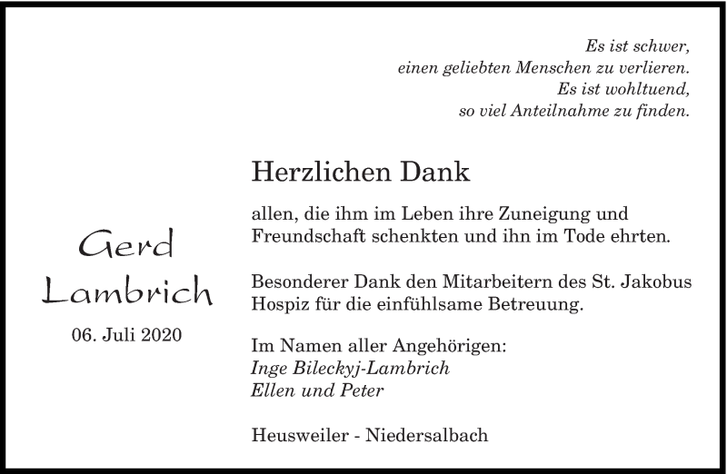  Traueranzeige für Gerd Lambrich vom 01.08.2020 aus saarbruecker_zeitung