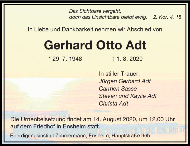  Traueranzeige für Gerhard Otto Adt vom 08.08.2020 aus saarbruecker_zeitung