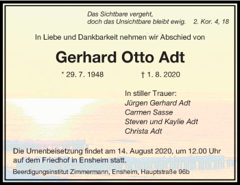 Traueranzeige von Gerhard Otto Adt von saarbruecker_zeitung