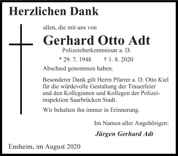 Traueranzeige von Gerhard Otto Adt von saarbruecker_zeitung