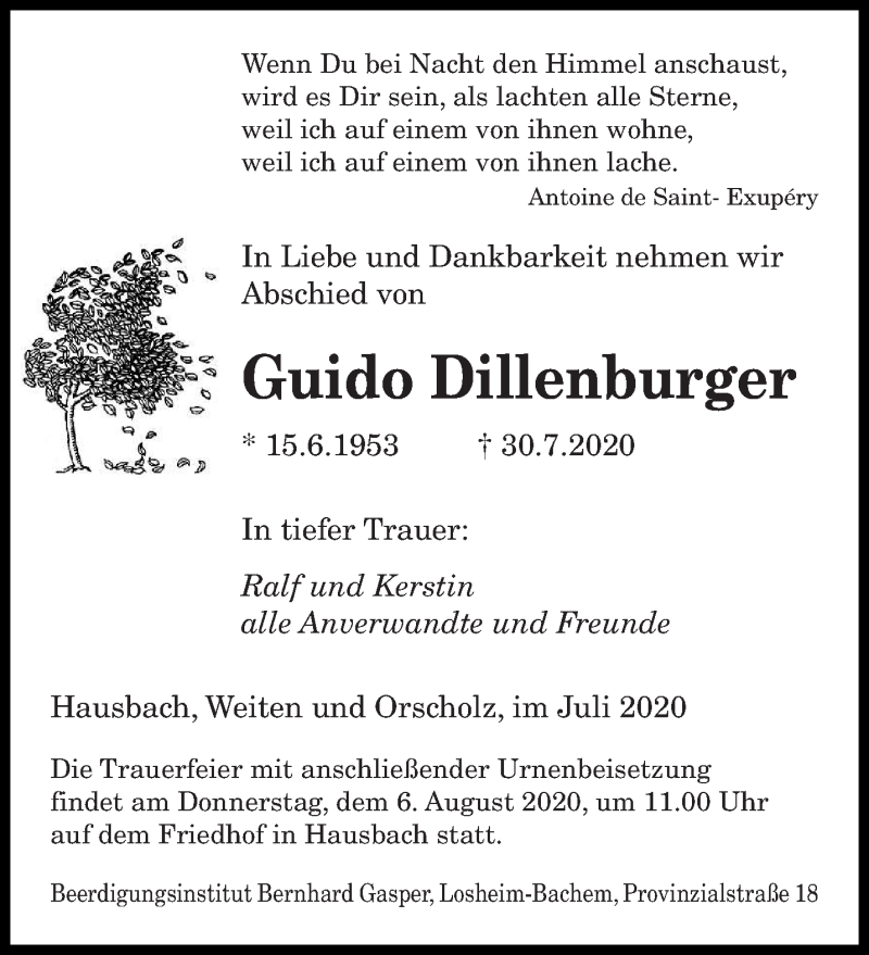  Traueranzeige für Guido Dillenburger vom 03.08.2020 aus saarbruecker_zeitung