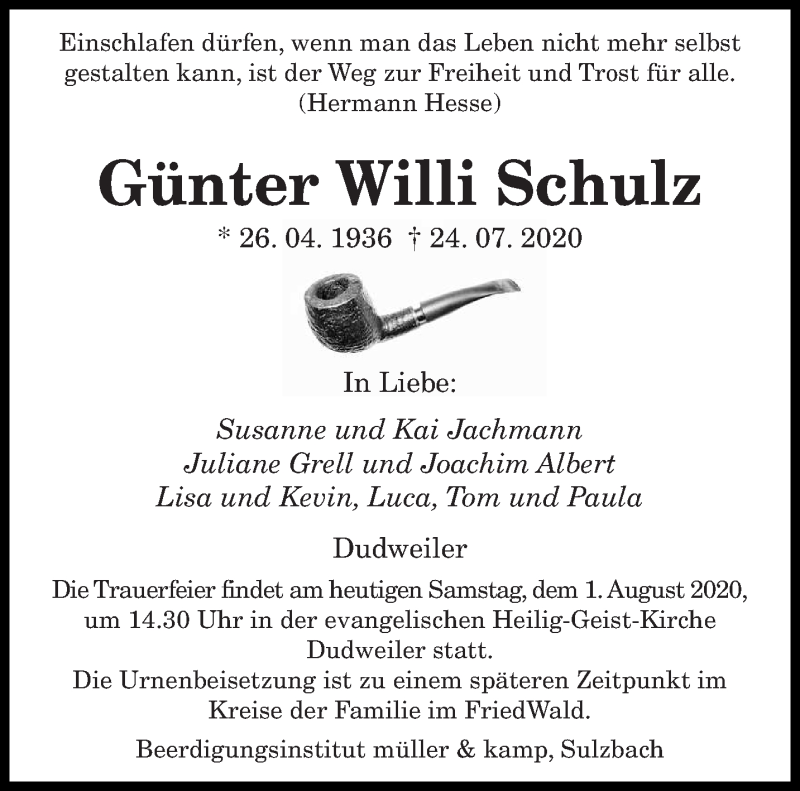  Traueranzeige für Günter Willi Schulz vom 01.08.2020 aus saarbruecker_zeitung
