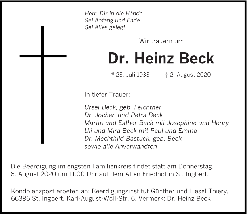  Traueranzeige für Heinz Beck vom 04.08.2020 aus saarbruecker_zeitung