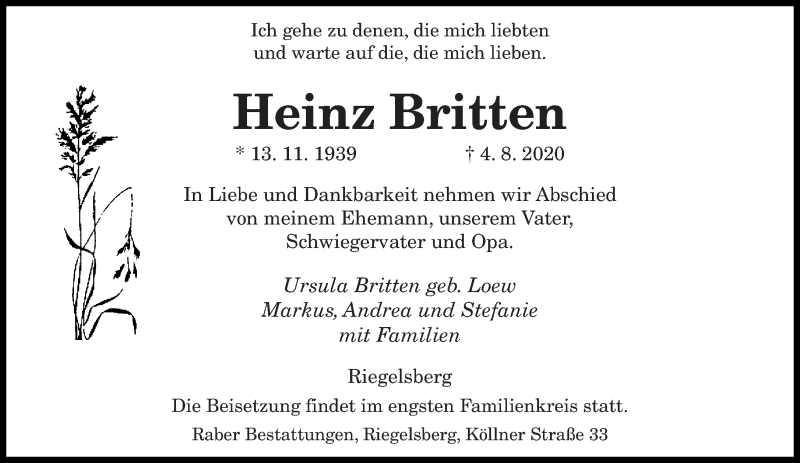 Traueranzeige für Heinz Britten vom 07.08.2020 aus saarbruecker_zeitung