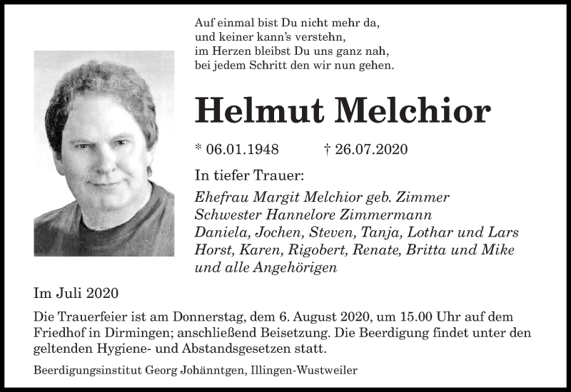  Traueranzeige für Helmut Melchior vom 01.08.2020 aus saarbruecker_zeitung