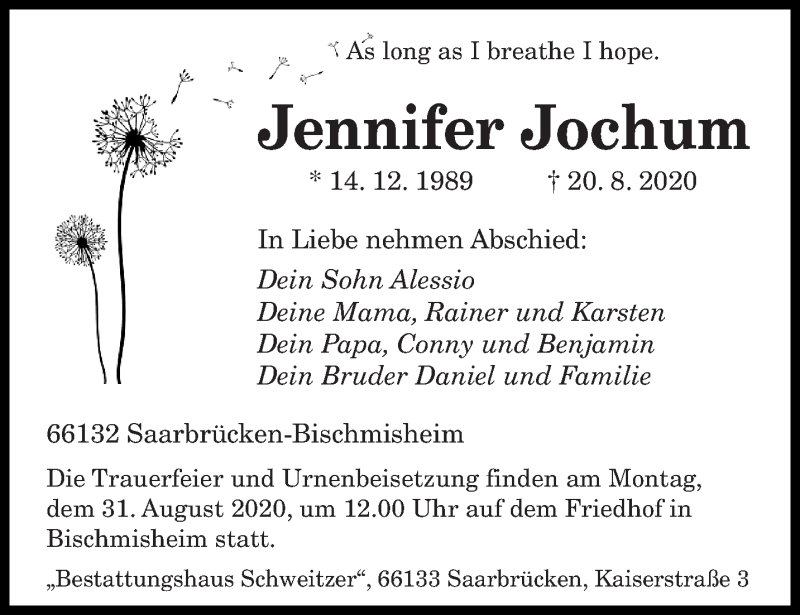  Traueranzeige für Jennifer Jochum vom 26.08.2020 aus saarbruecker_zeitung