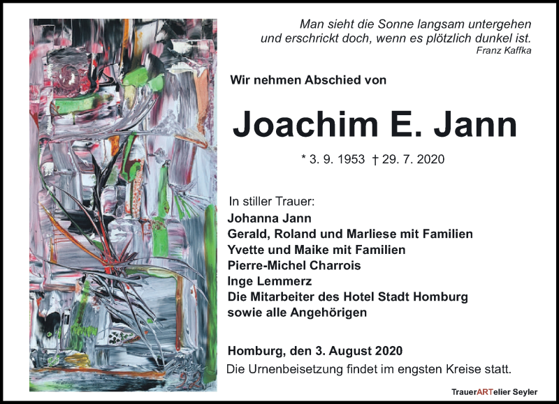  Traueranzeige für Joachim E. Jann vom 03.08.2020 aus saarbruecker_zeitung