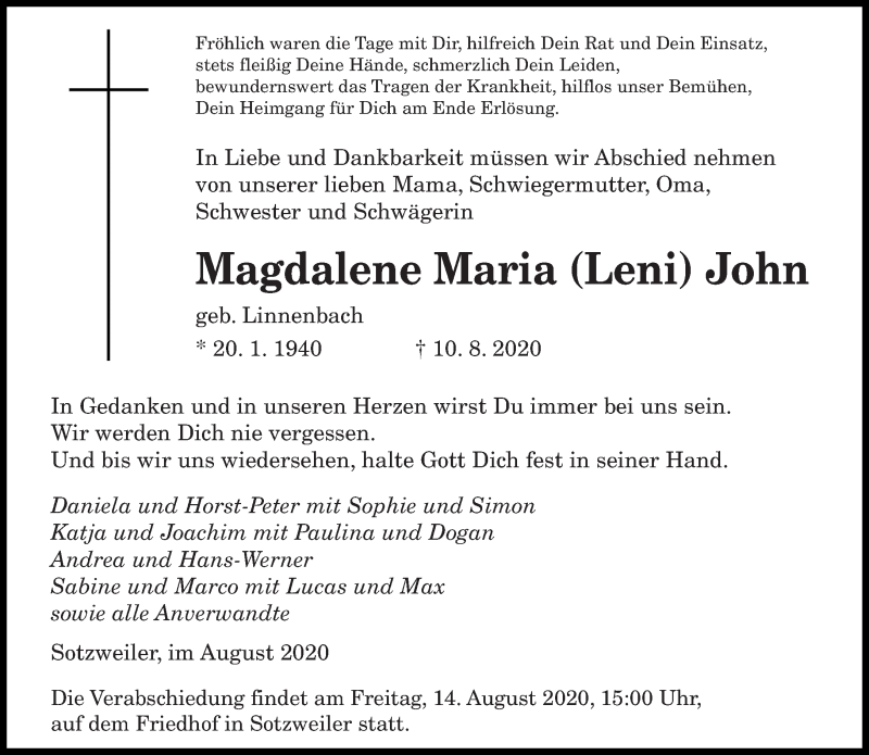  Traueranzeige für Magdalene Maria John vom 13.08.2020 aus saarbruecker_zeitung