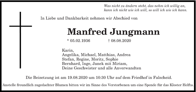  Traueranzeige für Manfred Jungmann vom 12.08.2020 aus saarbruecker_zeitung