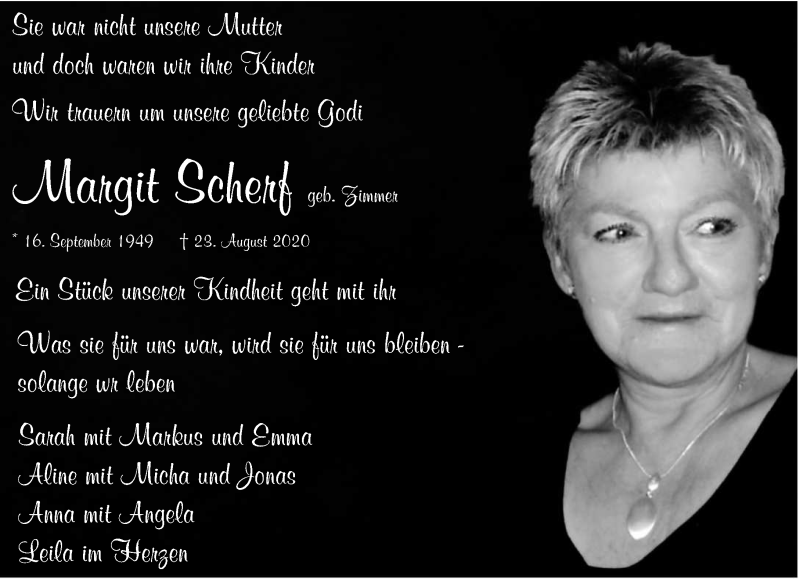  Traueranzeige für Margit Scherf vom 26.08.2020 aus saarbruecker_zeitung