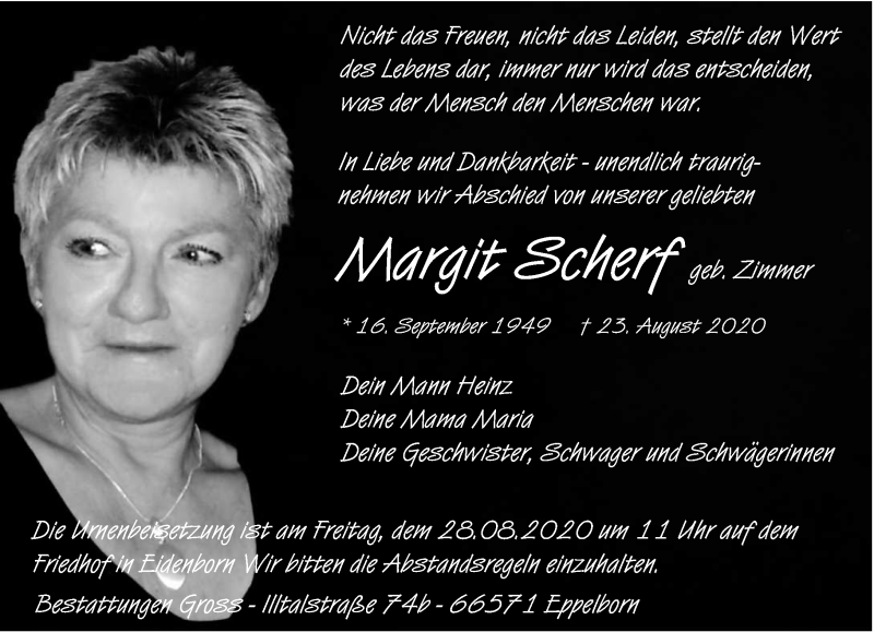 Traueranzeige für Margit Scherf vom 26.08.2020 aus saarbruecker_zeitung