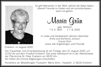 Traueranzeige von Maria Grün von saarbruecker_zeitung