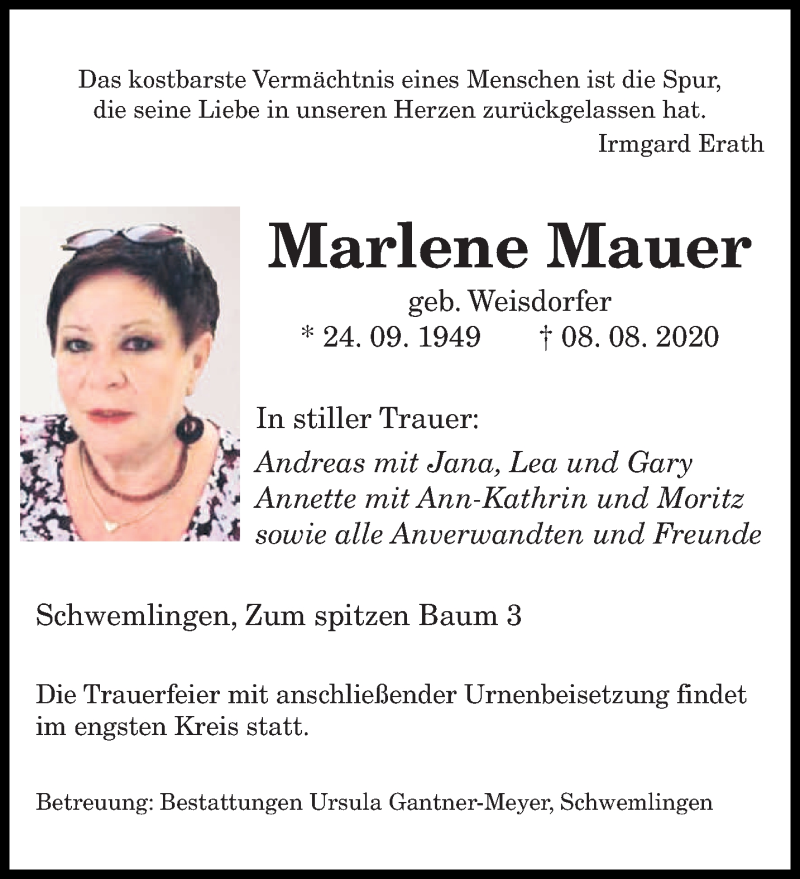  Traueranzeige für Marlene Mauer vom 14.08.2020 aus saarbruecker_zeitung