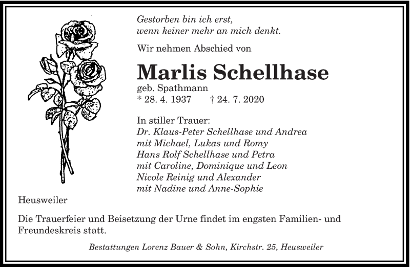  Traueranzeige für Marlis Schellhase vom 08.08.2020 aus saarbruecker_zeitung