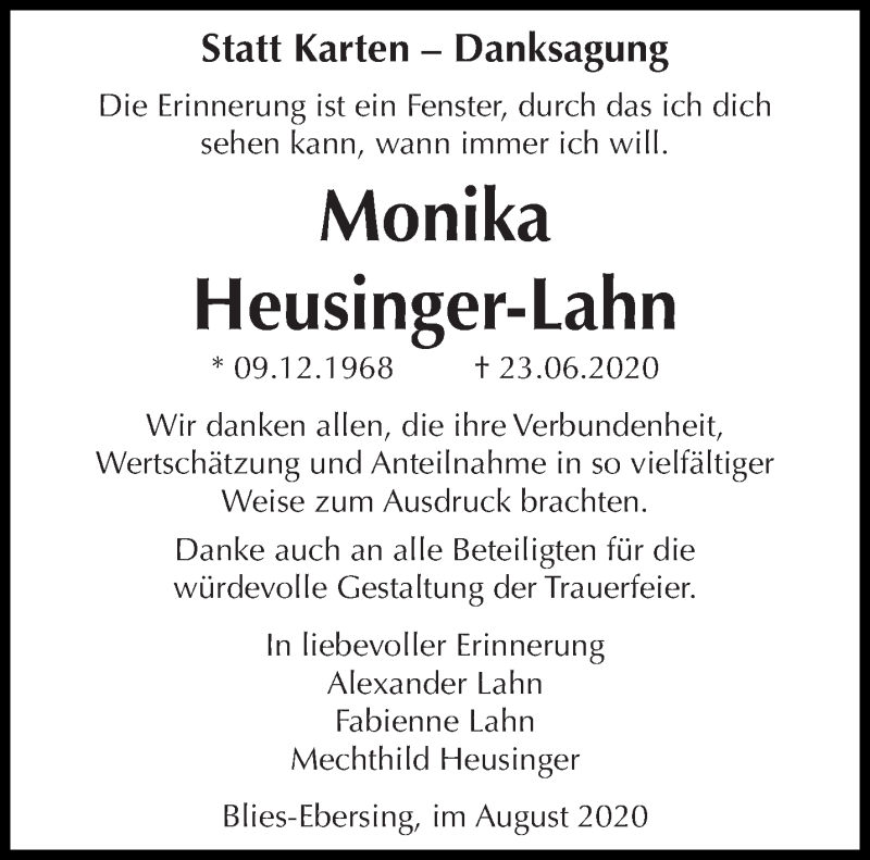  Traueranzeige für Monika Heusinger-Lahn vom 29.08.2020 aus saarbruecker_zeitung